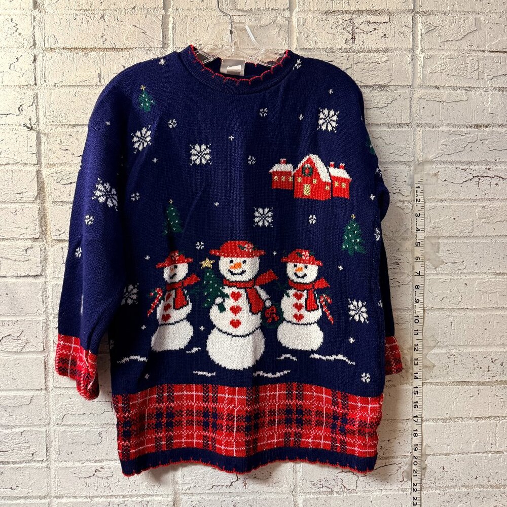 Vintage Just For Petites Snowman Christmas Sweater – Holiday Knit – Navy & Red